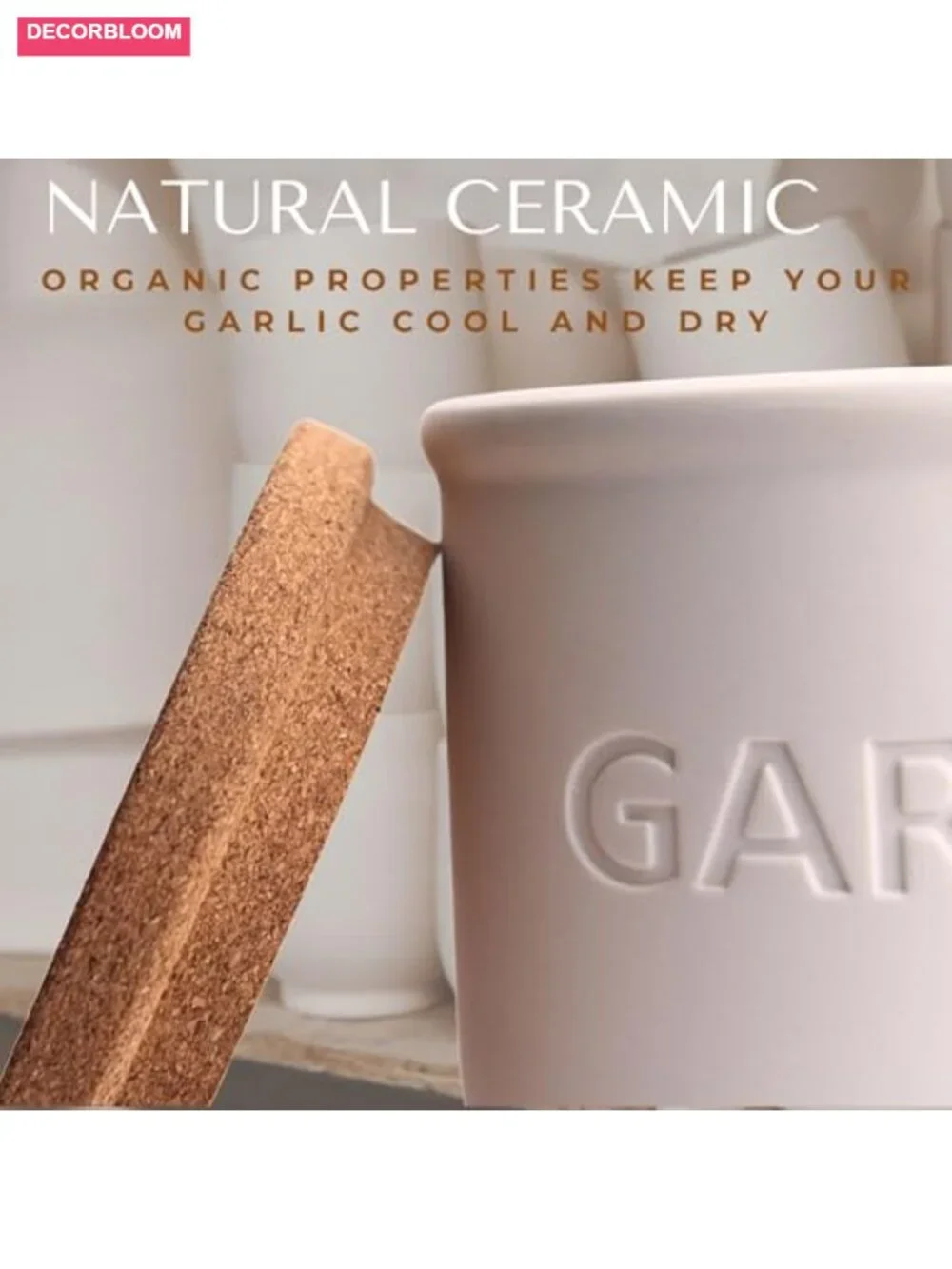 White Ceramic Garlic Keeper with Cork Lid - 16oz Countertop Storage
